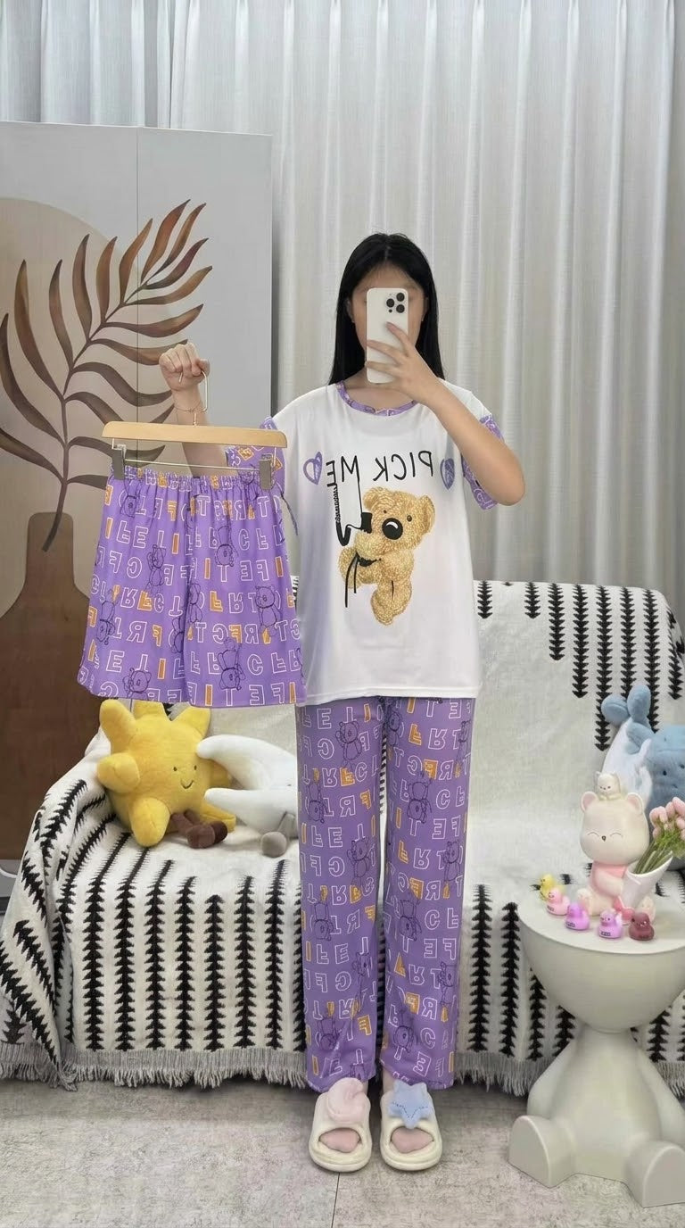 Cute Stitch Print 3-Piece Sleepwear & Pyjama Set (T-Shirt, Long Pants & Shorts)