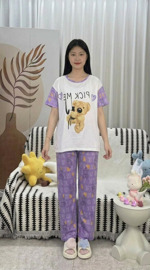 Cute Stitch Print 3-Piece Sleepwear & Pyjama Set (T-Shirt, Long Pants & Shorts)