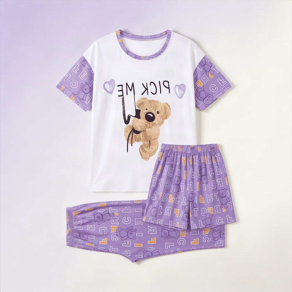 Cute Stitch Print 3-Piece Sleepwear & Pyjama Set (T-Shirt, Long Pants & Shorts)