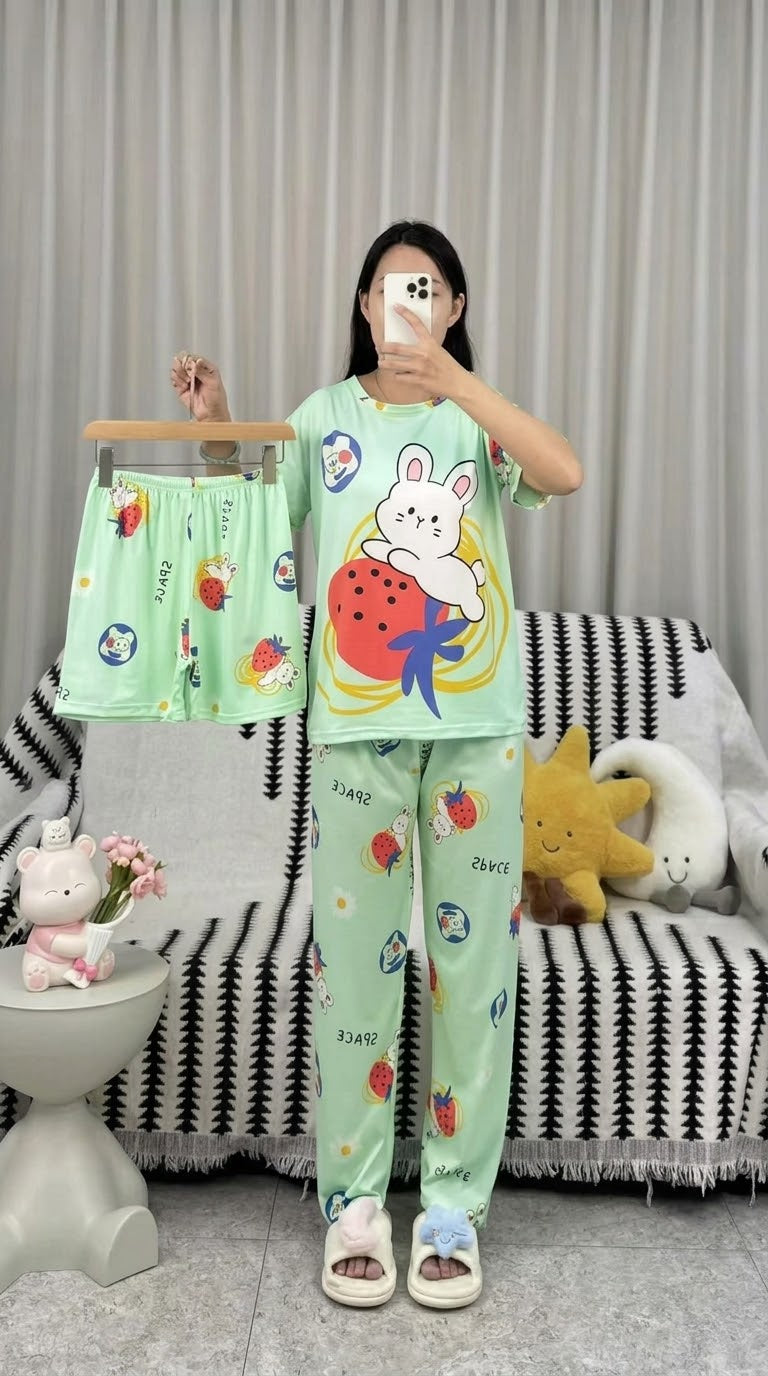 Cute Stitch Print 3-Piece Sleepwear & Pyjama Set (T-Shirt, Long Pants & Shorts)