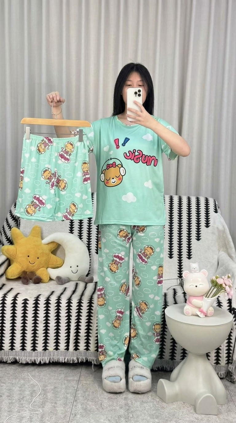 Cute Stitch Print 3-Piece Sleepwear & Pyjama Set (T-Shirt, Long Pants & Shorts)