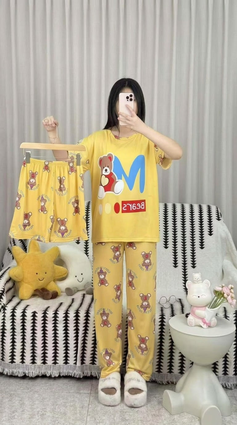 Cute Stitch Print 3-Piece Sleepwear & Pyjama Set (T-Shirt, Long Pants & Shorts)